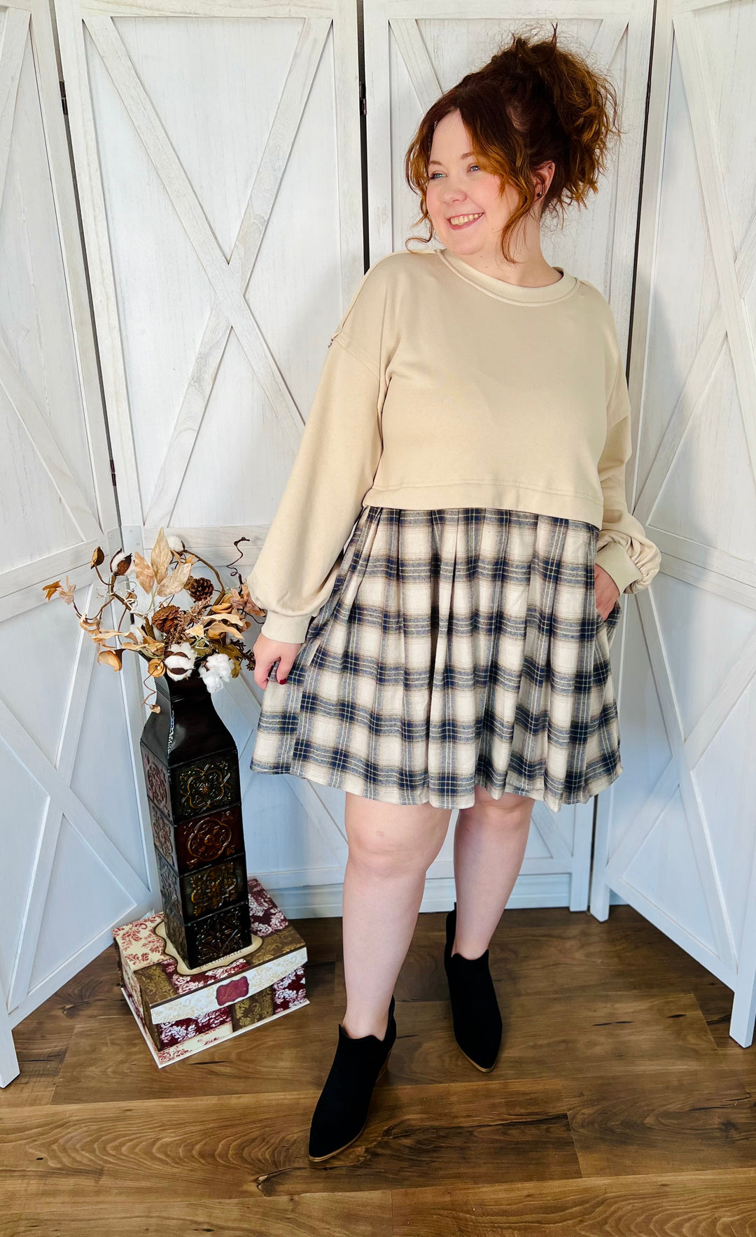 Long Sleeve Mini Dress w/ Heart Detail and Plaid Skirt - 2 Color Options