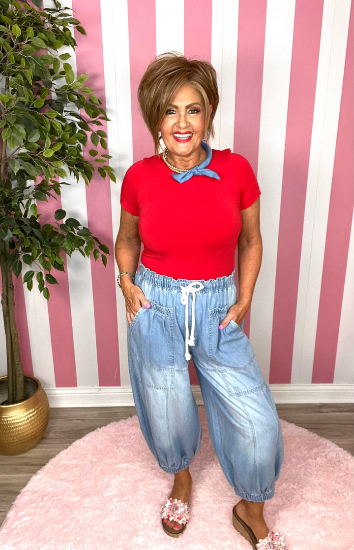 Casual Patch Pocket Elastic Band Crop Barrel Jeans-Lt. Denim