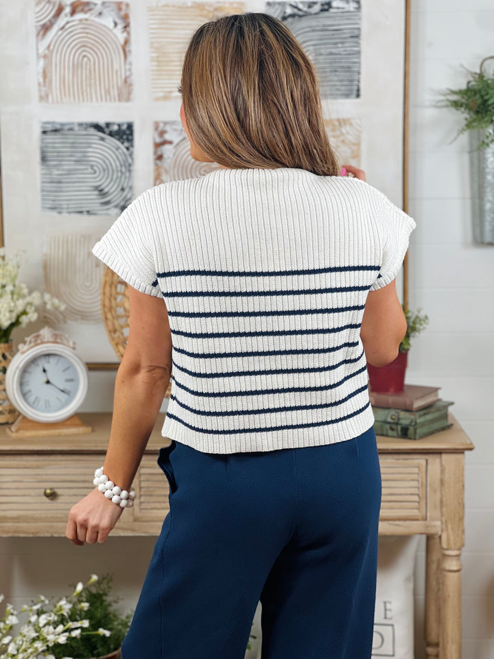 Navy Knitted Mock Neck Sleeveless Top W/ Stripes - Available in S-Extended Sizes