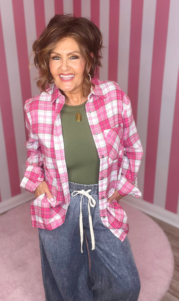 SRT1337-Soft Fabric Plaid Loose Fit Button Down Shirt