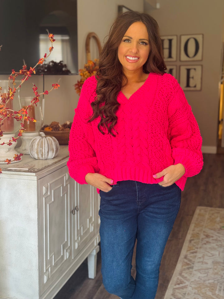 Fuchsia Chenille V-Neck Sweater