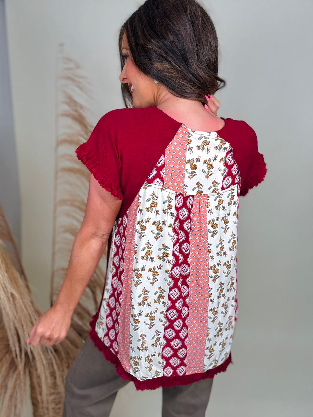 Linen Blend Scoop Neck Shirt, Frayed Hem & Mixed Print Back - 2 Color Options - Available Small Through Extended Sizes