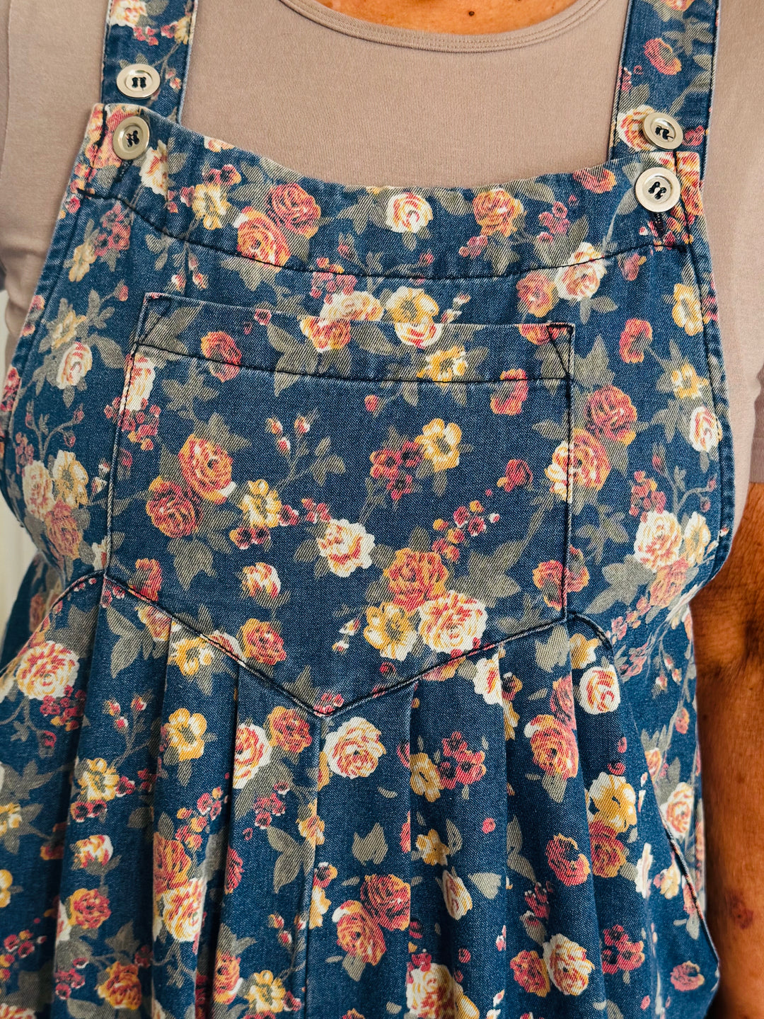 Washed Floral Print Denim Overall w/ Pleats