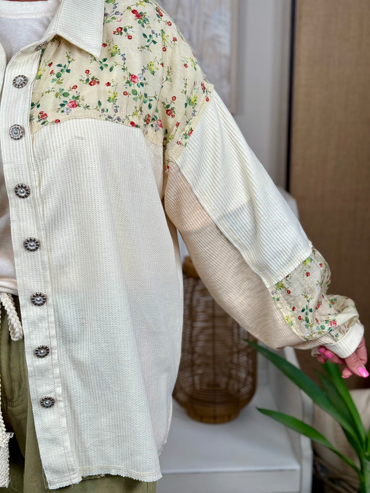 POL Pre-Order - Cream Button-Down W/ Floral Print Blouse - FINAL SALE
