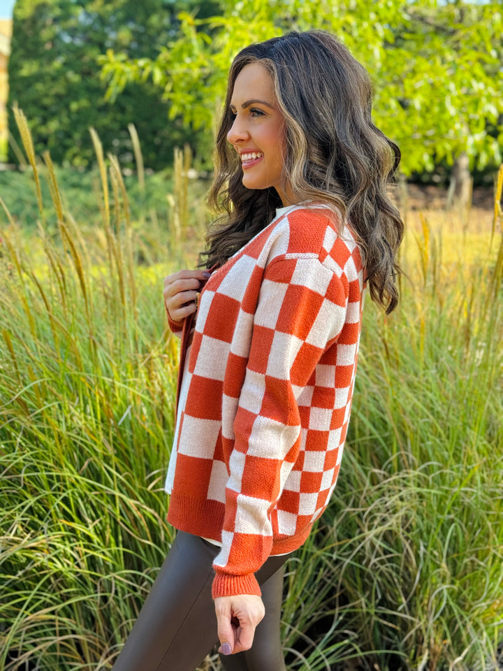 Ophelia Orange Checkered Cardigan - S/M Through Extended Sizes