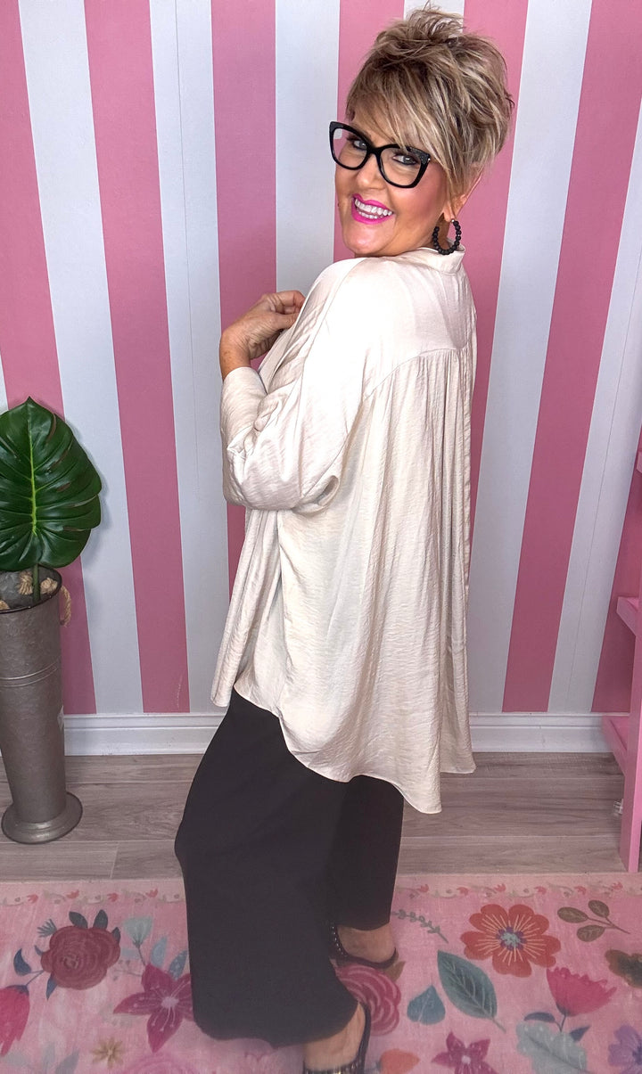 Washed Satin Button Down Loose Top-3  Color Options