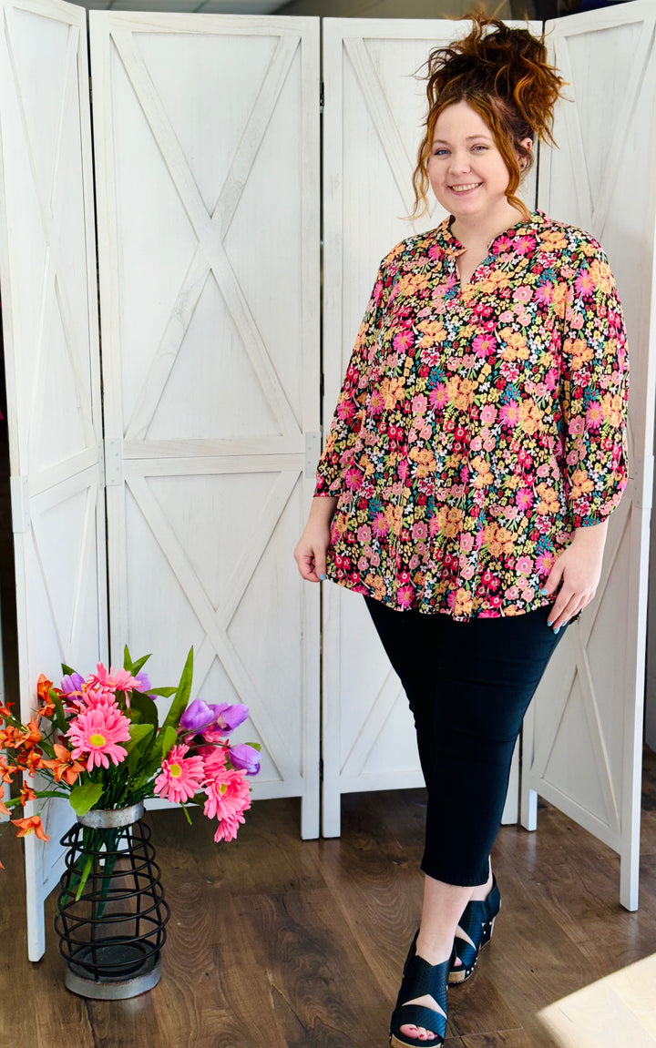 Black Multi Floral Top W/ 3/4 Sleeve - Available S - Extended Sizes