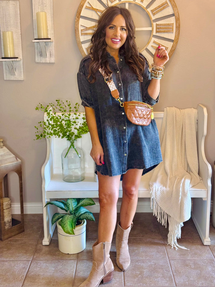 Washed Double Gauze Button Down Shirt Dress - 2 Color Options
