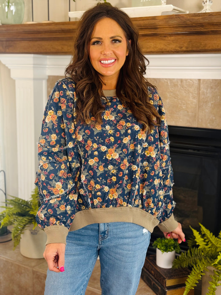 Washed Floral Denim Sweatshirt