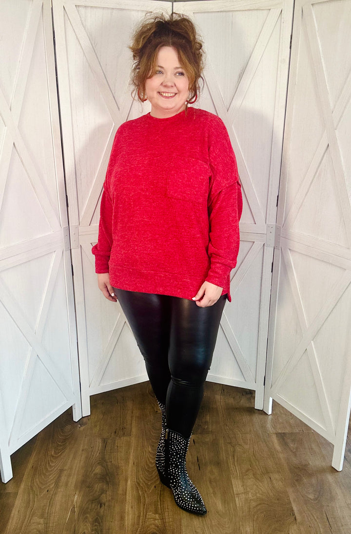 Dark Red Brushed Melange Drop Shoulder Oversized Sweater - Small Through Extended Sizes