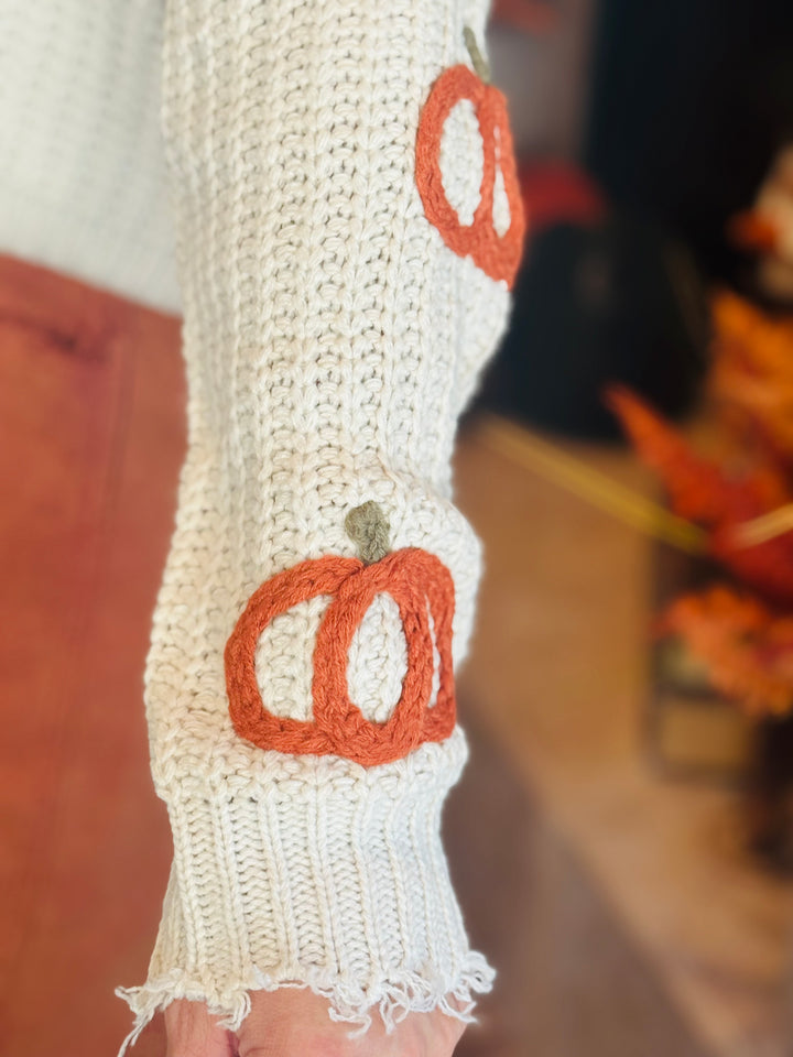 Ivory Pumpkin Patch V-Neck Frayed Sweater