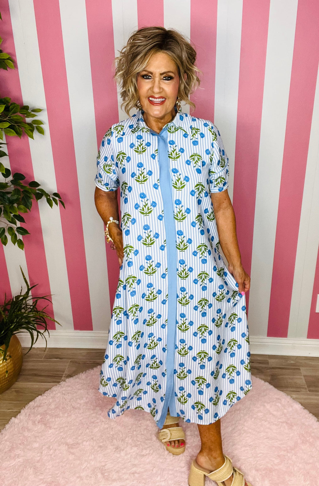 Striped Floral Maxi Dress-Blue