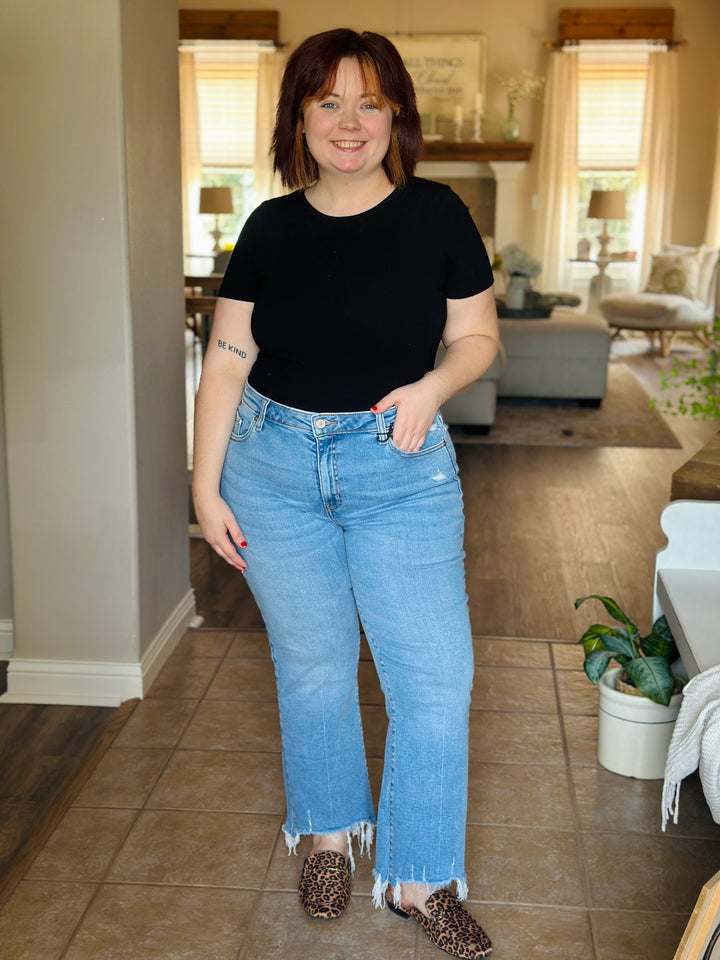 Medium Washed Kick Crop Flare Denim Pants
