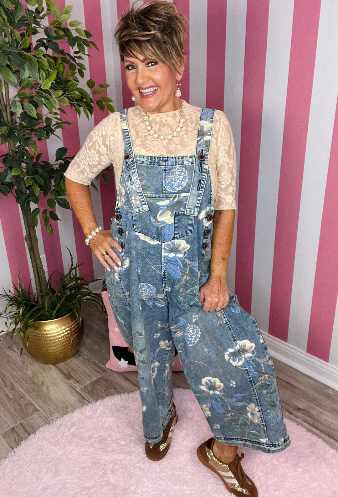 Flower Printed Washed Denim Overalls-Almond