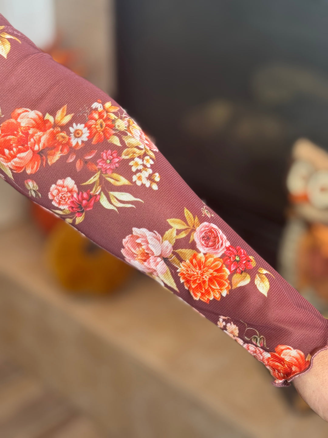 Wine Floral Printed Long Sleeve Mesh Top