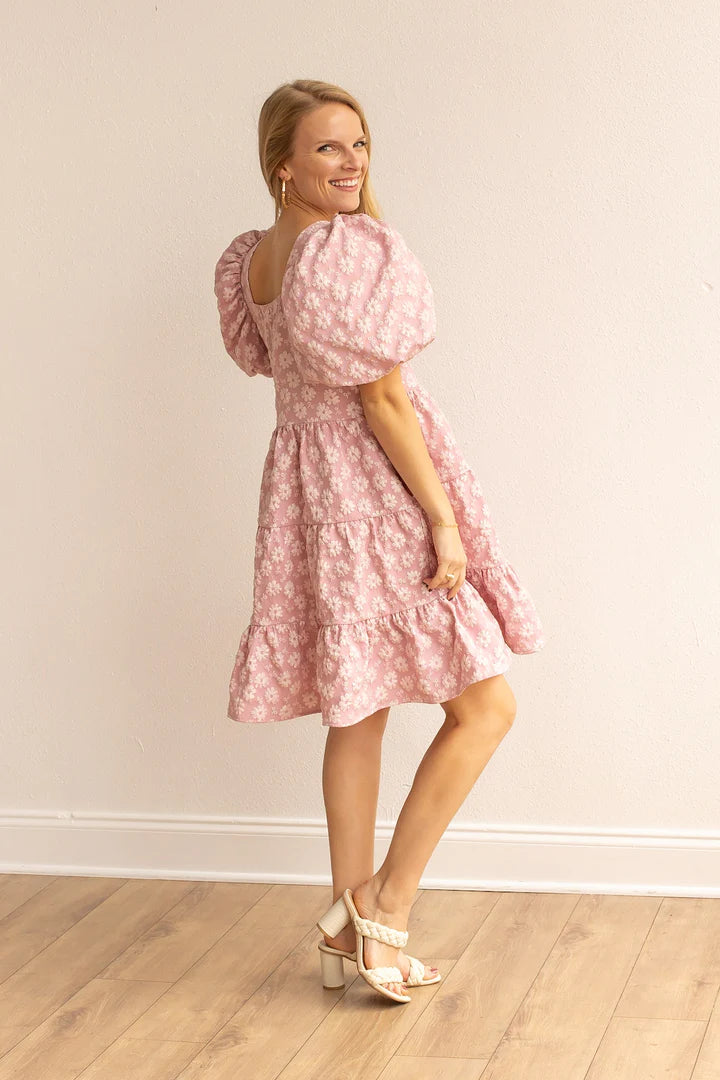 Pink Puff Sleeve Floral Dress - Available Small Through Extended Sizes