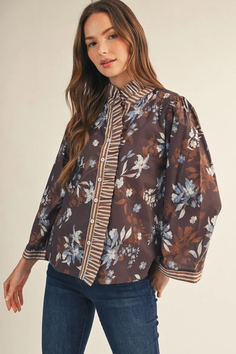 Button Down with Ruffle Detail-Brown