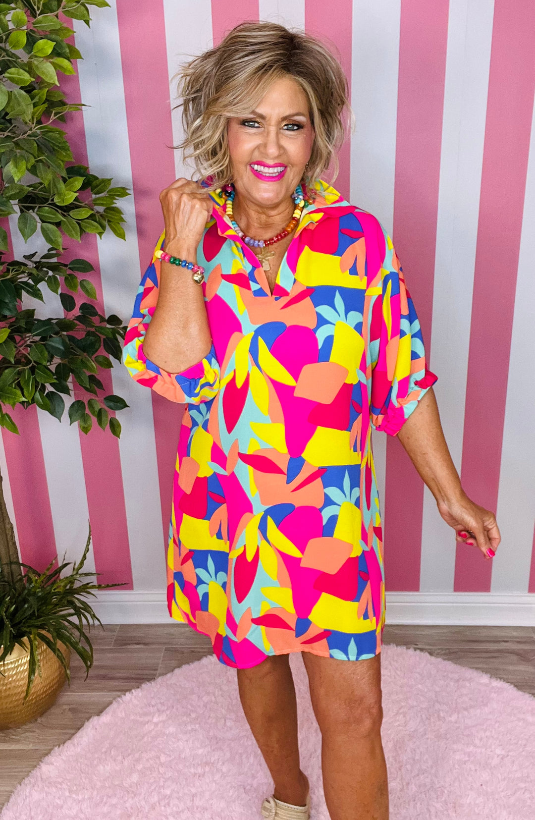 Stand Up Collar Drop Shoulder Dress-Bright Abstract