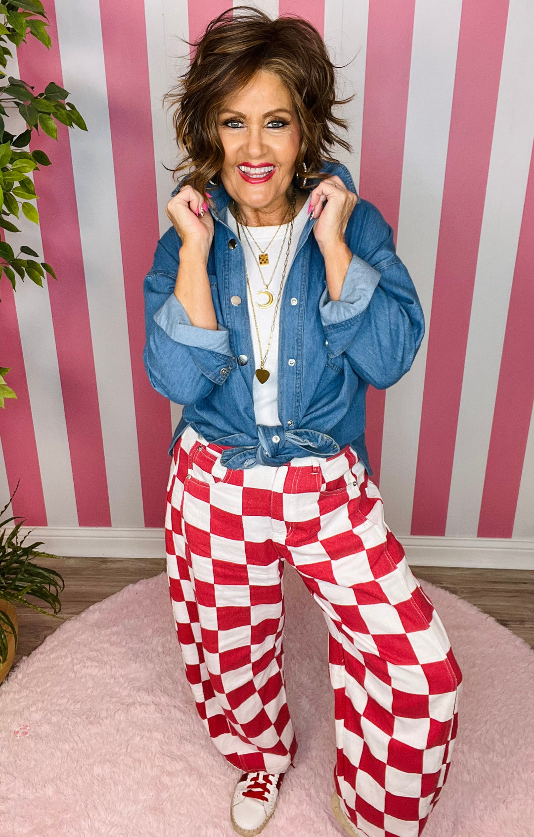 Checkered Printed Barrel Denim Pants