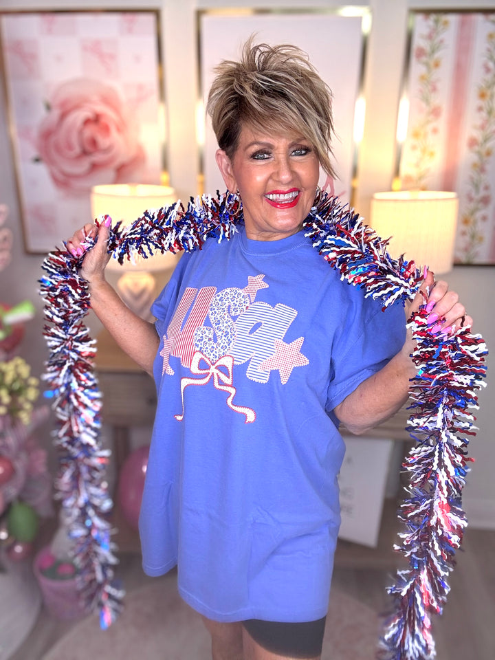 SALE: USA! USA! Patchwork Comfort Color Tee- Flo Blue