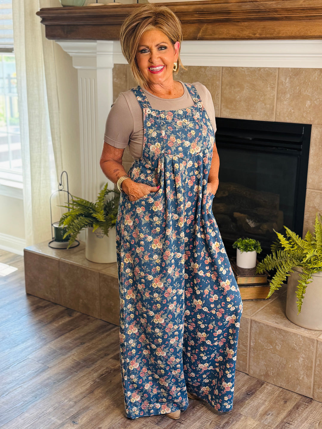Washed Floral Print Denim Overall w/ Pleats