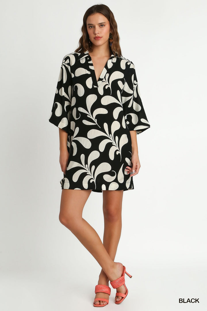 Black Crinkle Two Tone Print Collared Dress with 3/4 Wide Sleeves
