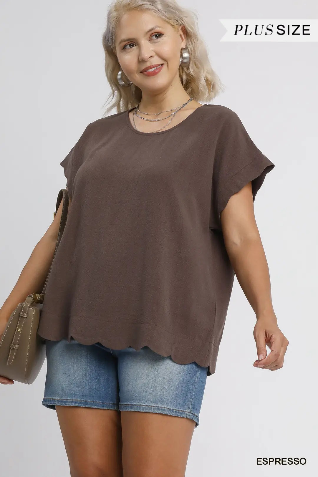 Scallop Hem Linen Blend Top-Espresso and Off White