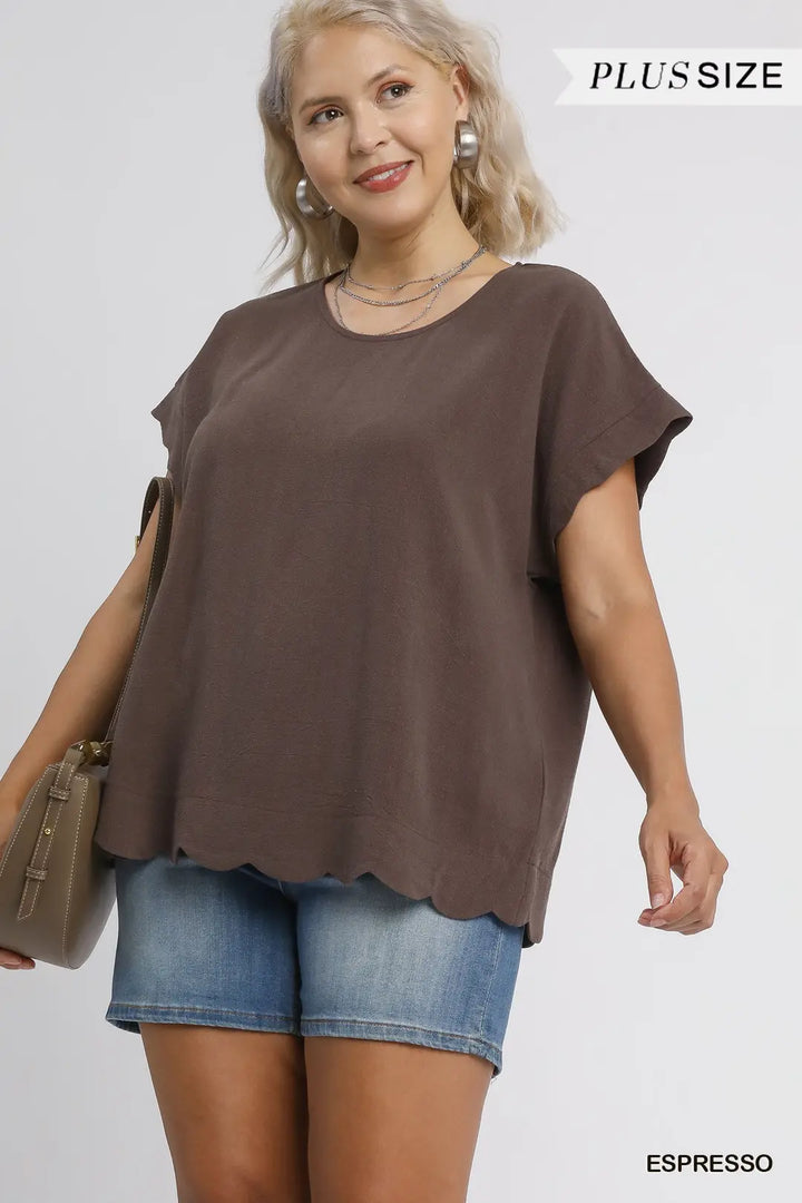 Scallop Hem Linen Blend Top-Espresso and Off White