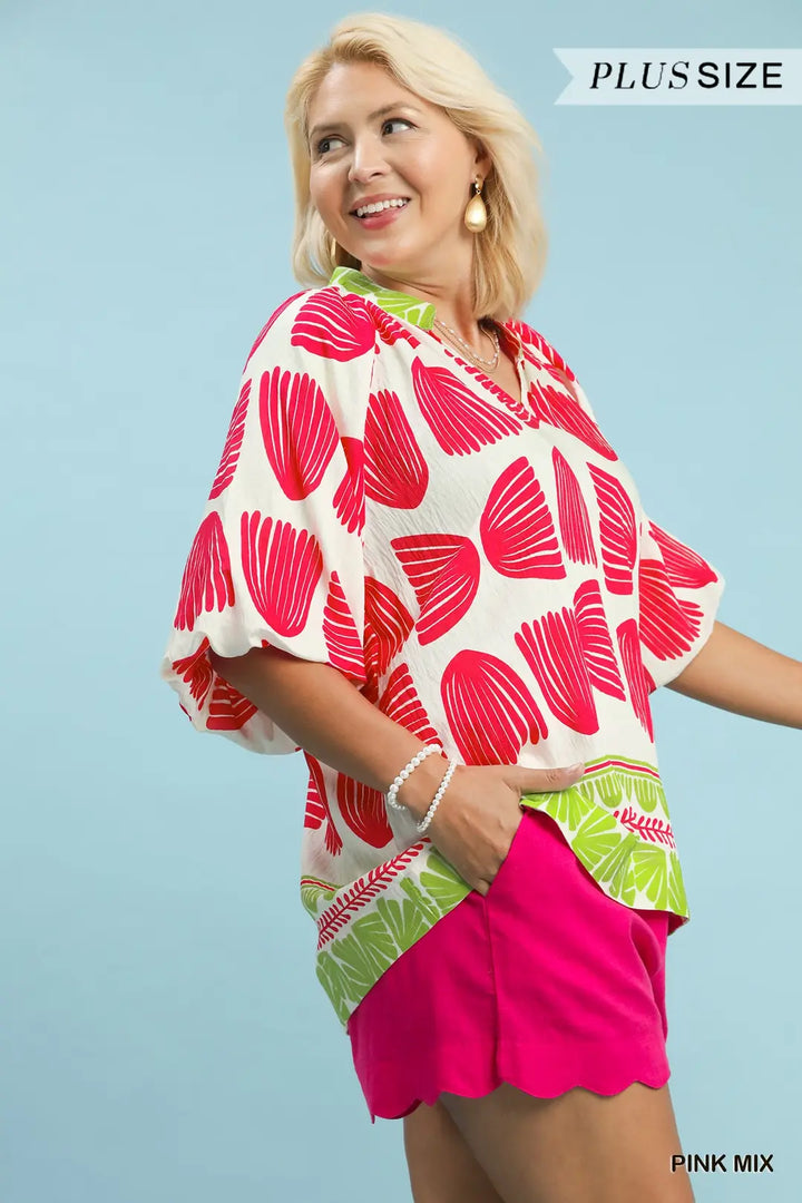 Border Print V Neck Blouse
