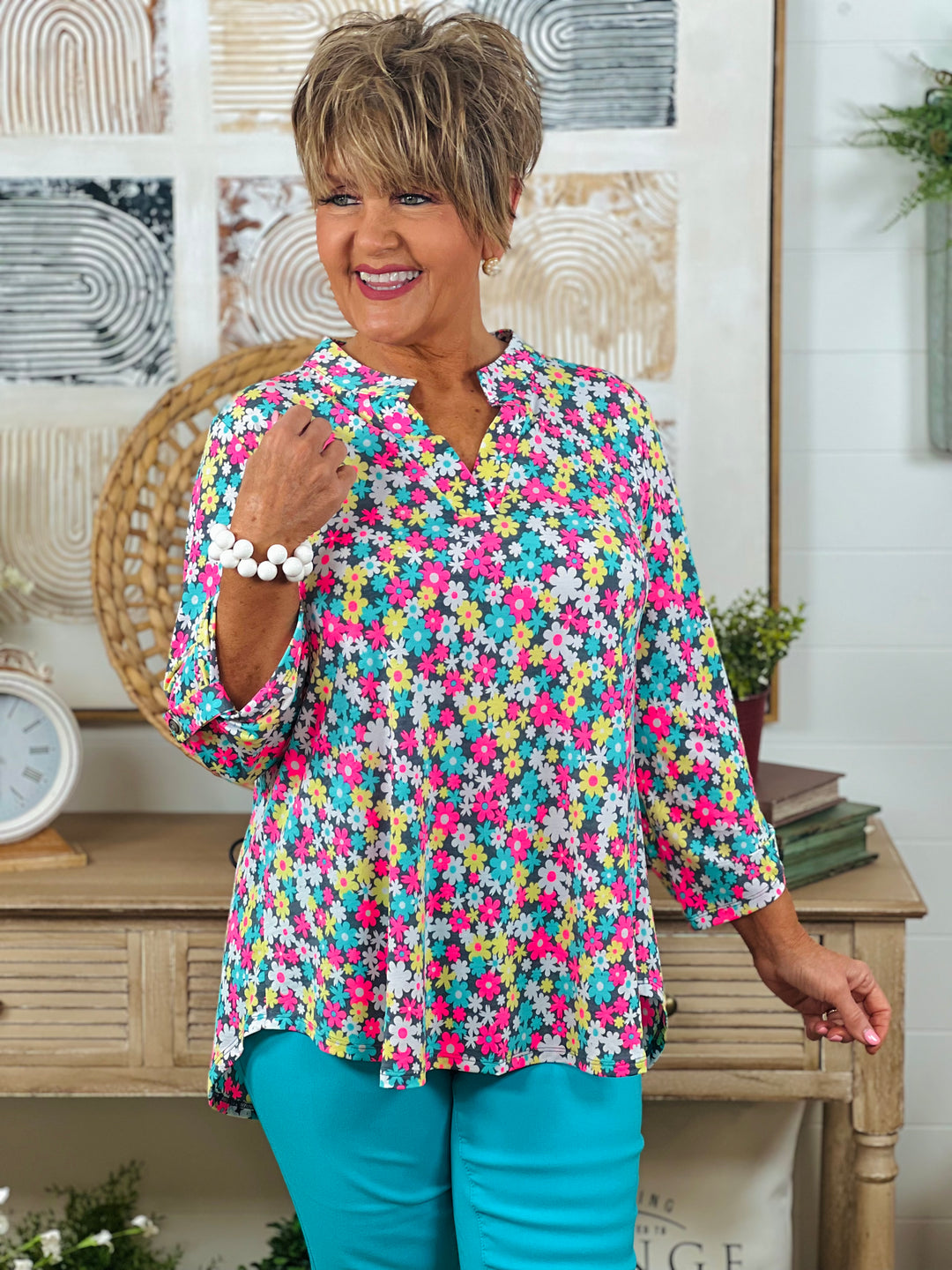 Grey Multi Floral Top W/ 3/4 Sleeve - Available S - Extended Sizes