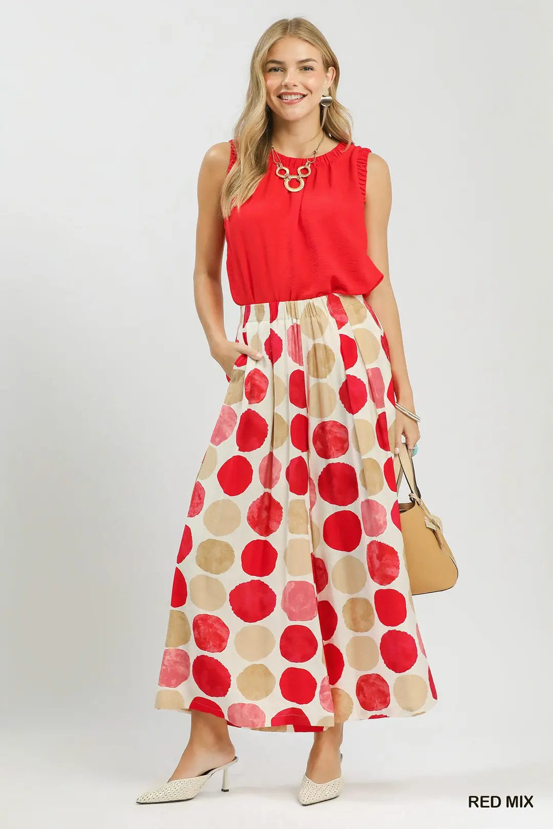 Wide Leg Pull On Pants-Red Mix