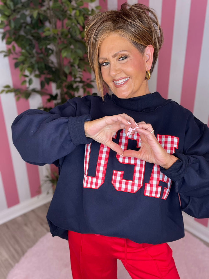 Navy Mock Neck with Red Gingham USA