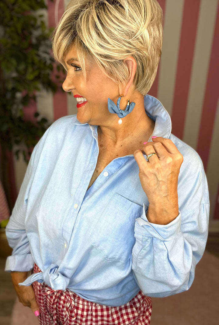 Denim Wrapped Pearl Hoop Earrings