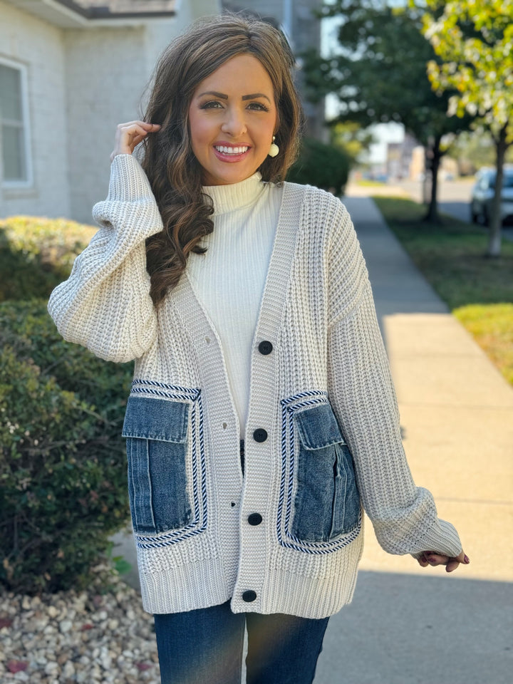 Oatmeal Knit Cardigan w/ Denim Pockets