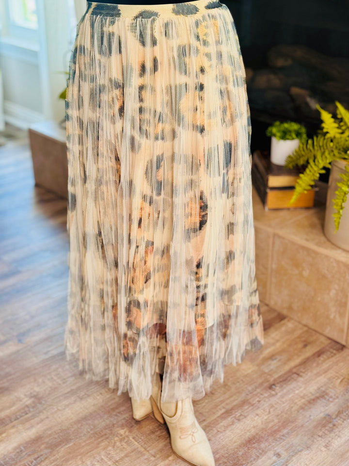 Animal Print Lined Pleated Tulle Midi Skirt w/ Elastic Waist