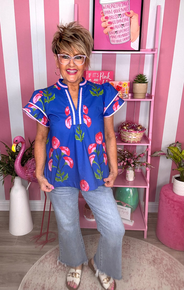 Blossom Meadow Print Top-Blue