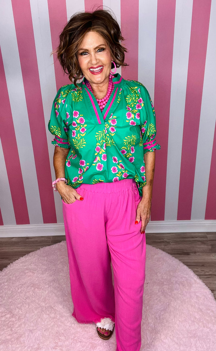 Frayed Hem Wide Leg Pants- Peony