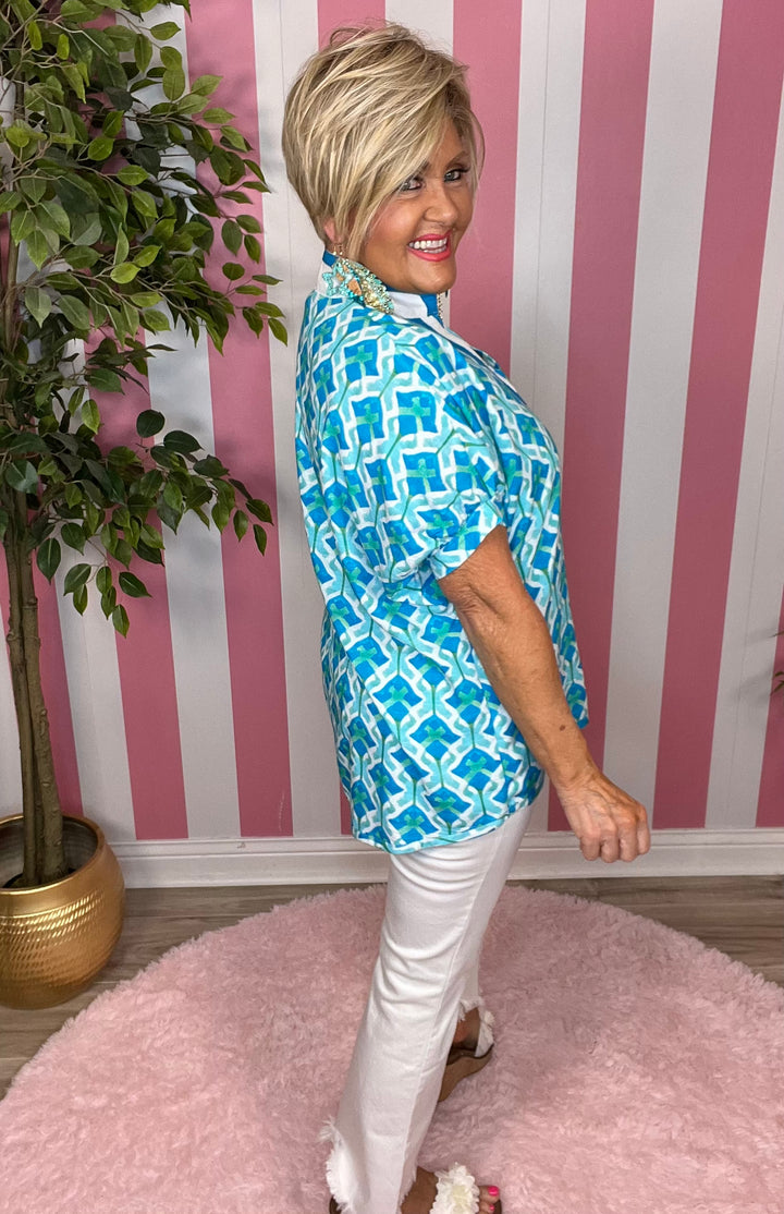 SALE: Printed Dolman Sleeve Top-Aqua Mix