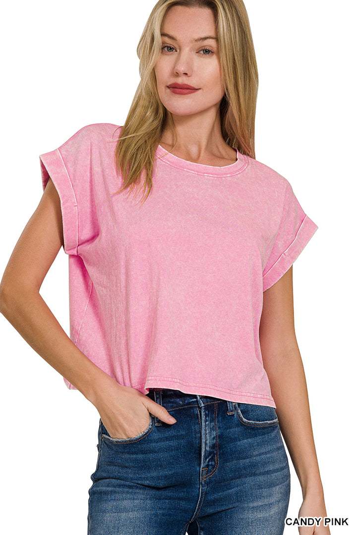 Washed Cotton Cuffed Short Sleeve Top - 6 Color Options