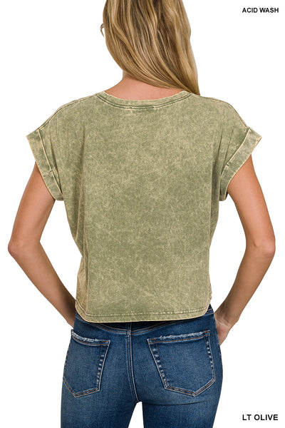 Washed Cotton Cuffed Short Sleeve Top - 6 Color Options