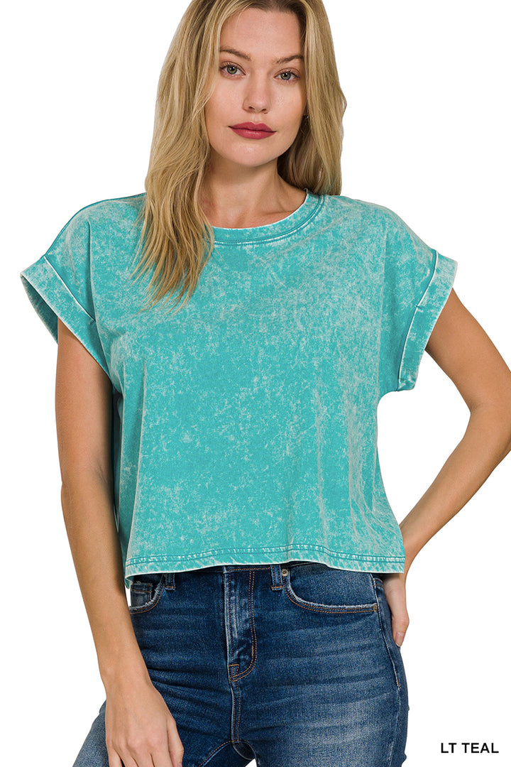 Washed Cotton Cuffed Short Sleeve Top - 6 Color Options - Final Sale