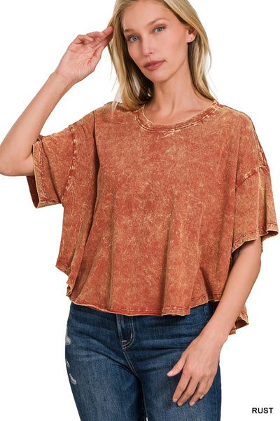 Rust Crinkle Washed Cotton Round Neck Short Sleeve Top