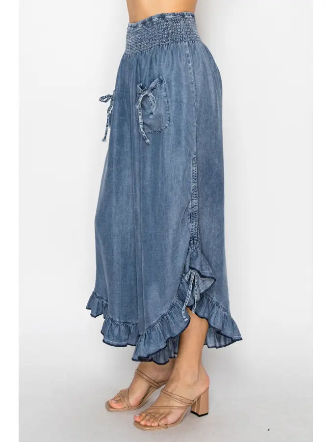 Smocked Ruffle Hem Side Tie Chambray Pants