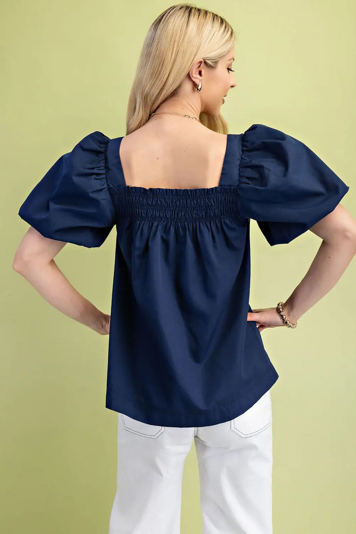 Smocked Puff Sleeve Top-Navy