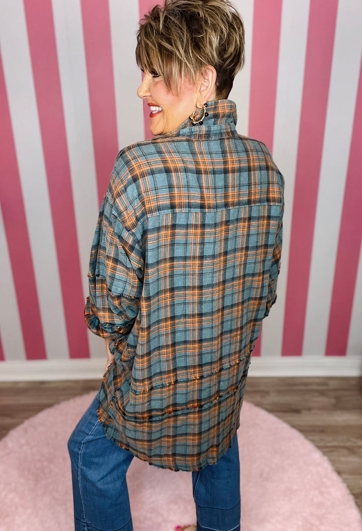 Mineral Wash Plaid Shirt-Vintage Teal