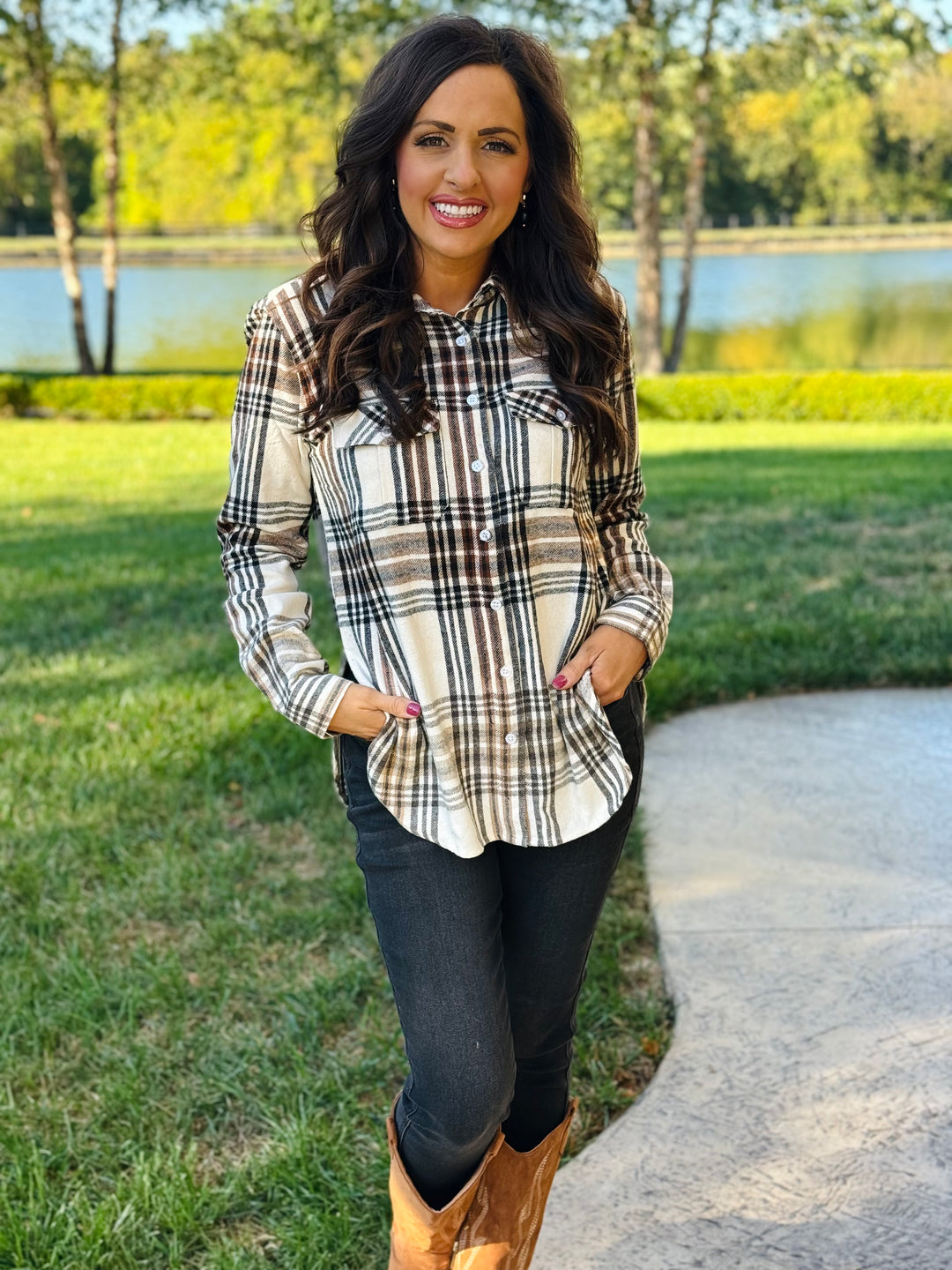 Cream, Brown, & Black Plaid Flannel