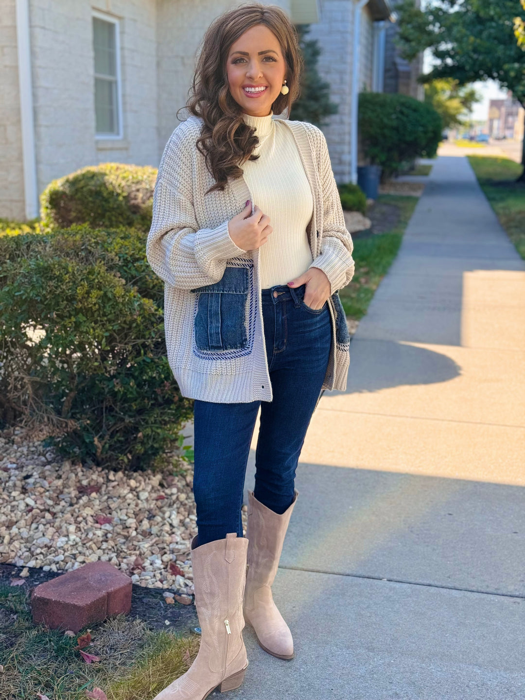 Oatmeal Knit Cardigan w/ Denim Pockets