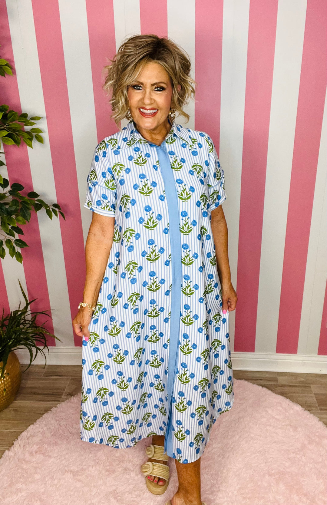 Striped Floral Maxi Dress-Blue