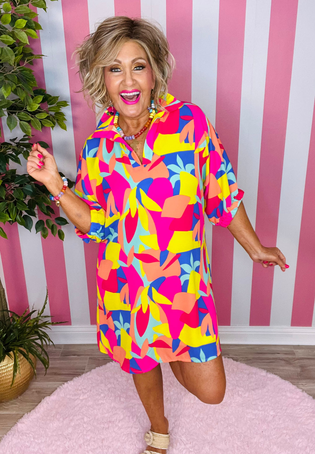 Stand Up Collar Drop Shoulder Dress-Bright Abstract