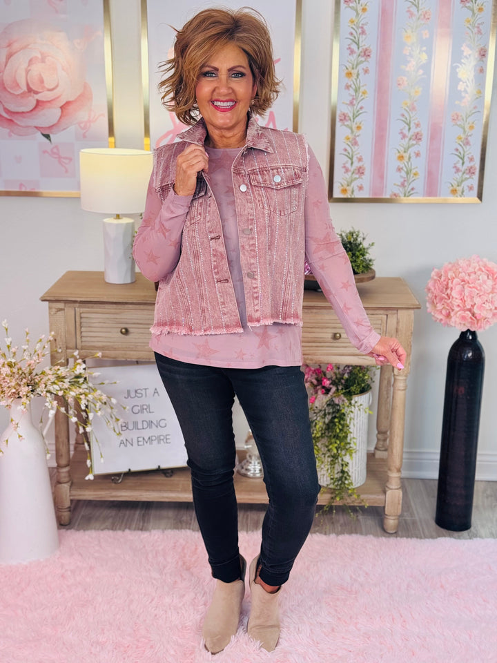 Raspberry Denim Vest w/ Stripe Sparkle Design